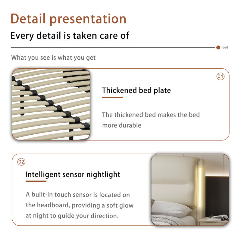 Grand lit plateforme hydraulique avec rangement relevable, Beige