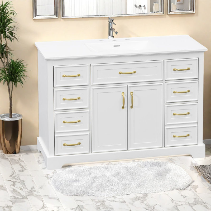Vanities(Must include both Vanity Cabinet  and Sink), 47.8 Inch White MDF Vanity with 6 Drawers