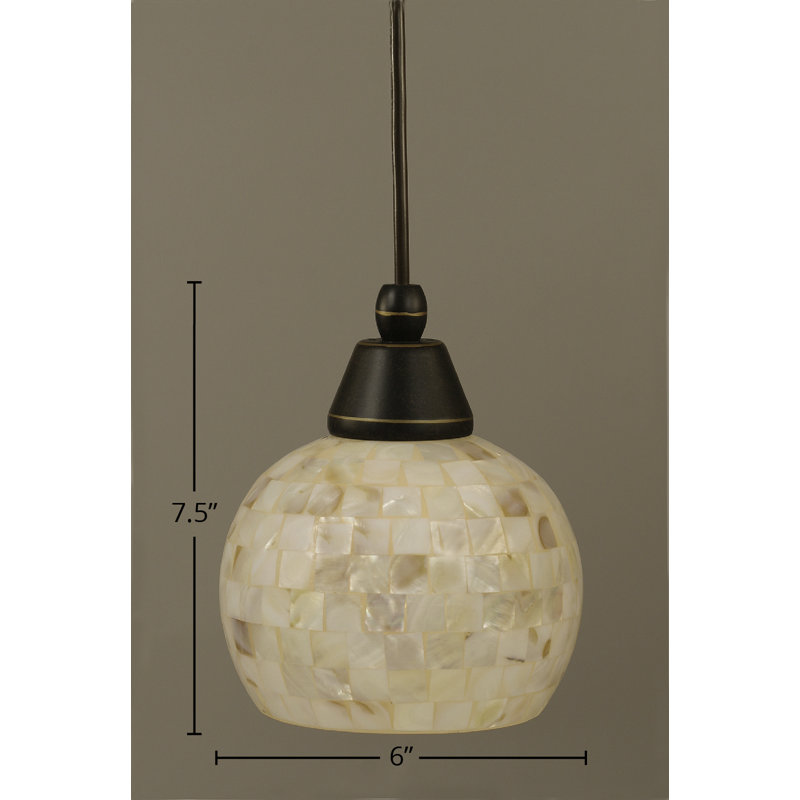 Cord Hung Mini Pendant Shown In Black Copper Finish With 10" Amber Crystal Glass, Dark Granite, 6" W, Seashell Glass