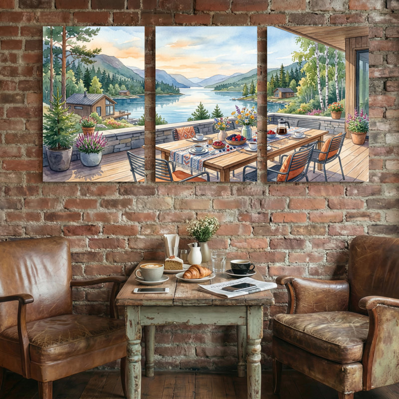 Paysage et nature, vue sur le lac, terrasse, salle à manger, peinture, H 18 po x l 36 po