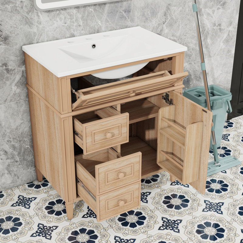 Meuble-lavabo élégant avec lavabo en céramique, charnières à fermeture en douceur, tiroir inclinable et rangement spacieux