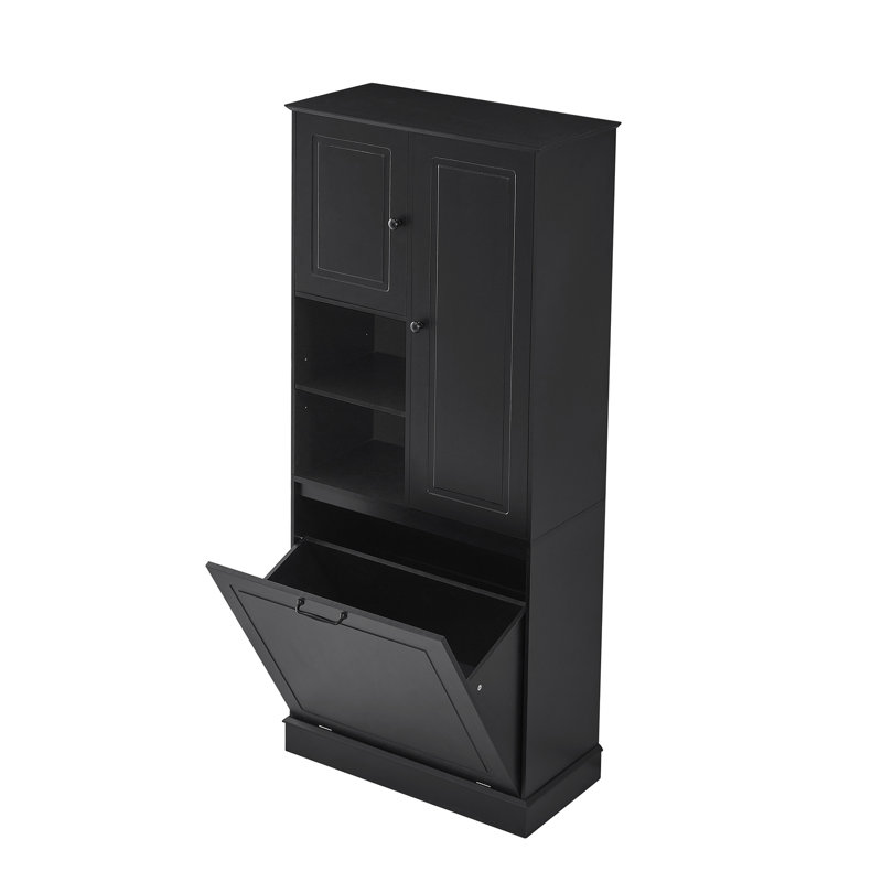 Freestanding Floor Accent Space-Saving Bathroom Cabinet With Flip-Out Basket, Black