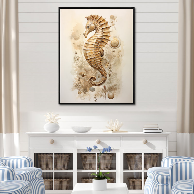 Hippocampe magique beige III sur toile, Cadre flottant noir, H 32 po x l 24 po x P 1 po