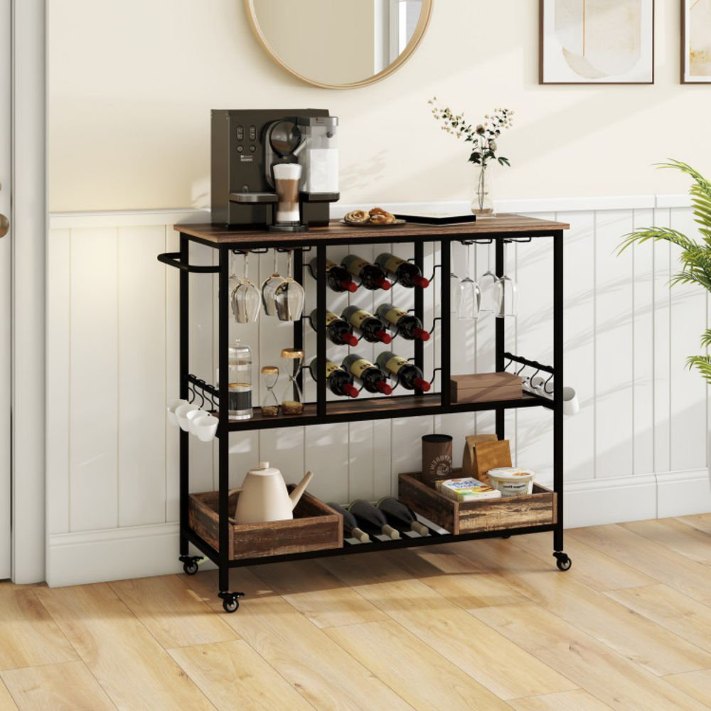 Costway 3 Tiers Bar Cart Home Serving Cart On Wheels With Glass Racks Wine Holders 17 Stories Top
