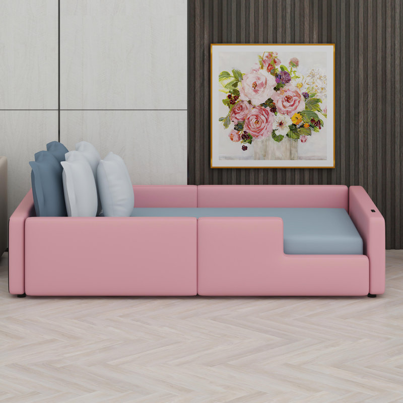 Lit plateforme tapissier avec garde-corps et station de charge, Rose