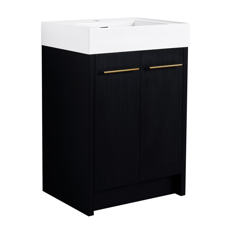 Ensemble de meuble-lavabo autoportant 24 po avec lavabo en résine Rownan, avec porte à fermeture douce, ensemble KD