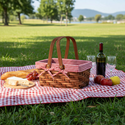 Natural Handmade Small Rectangular Wood Shavings Picnic Basket With Double Folding Handles And A Red And White Checkered Lining. Exquisite, Practical, And Suitable As A Gift.