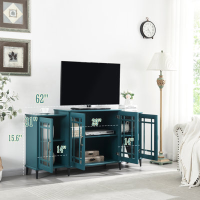 Teal Blue 62" Tv Stand With Build And Practical Storage Options Buffet Sideboard Cabinet, In Length, Made Of