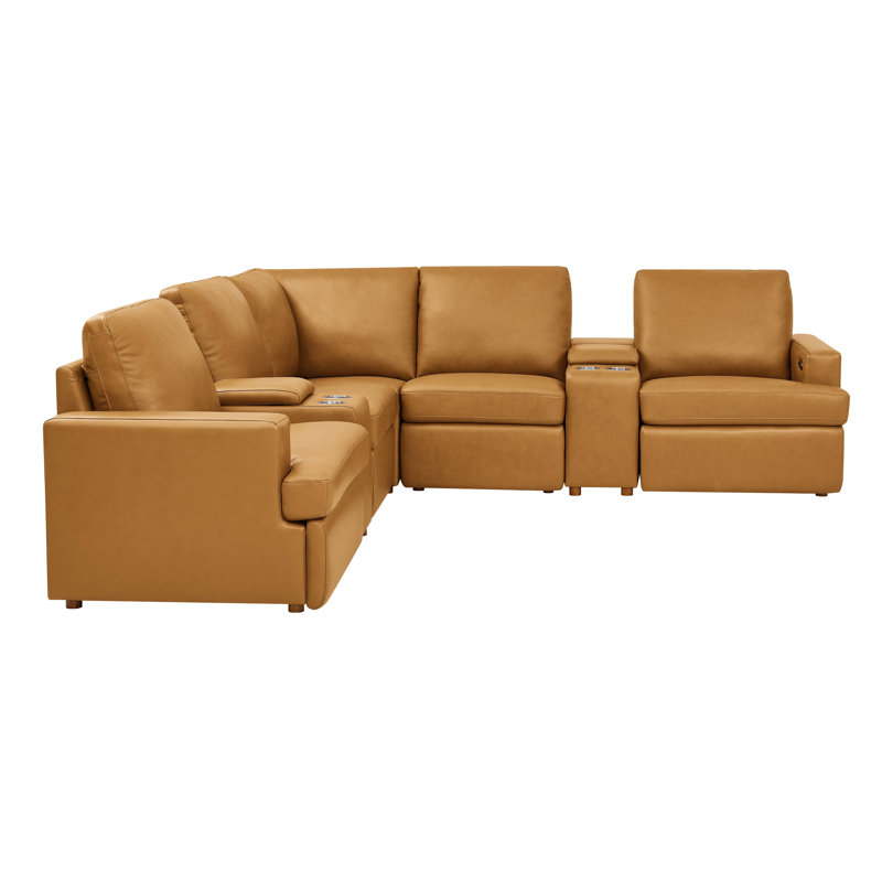 Nterklastone Leather Match Power Recline Sectional, Ginger Leather Match