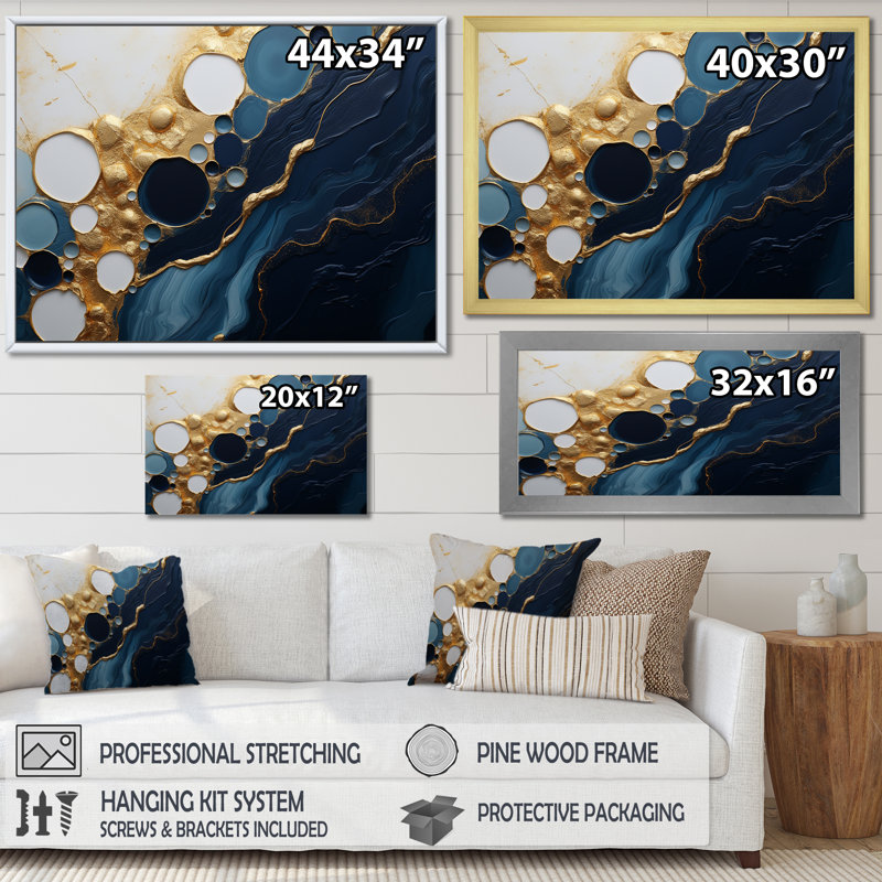 Or et marbre bleu Essence magique I - décoration murale en marbre, Toile tendue, H 40 po x l 60 po x P 1,5 po