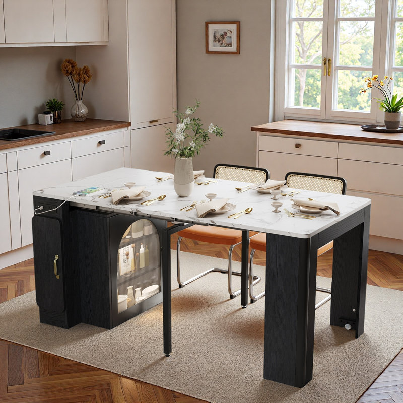 Îlot de cuisine avec plateau de table extensible, prise de courant, espace de rangement latéral et bande lumineuse à DEL intégrée