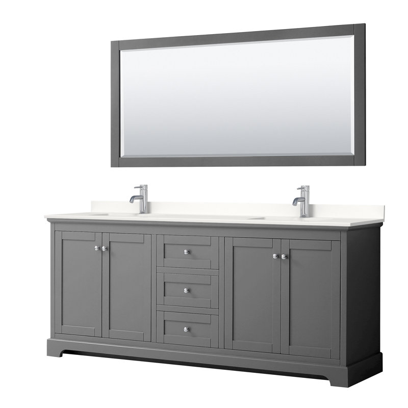 Meuble-lavabo double autoportant 80 po avec plateau en quartz et miroir Avery, WDX13512, Gris foncé, Noir mat