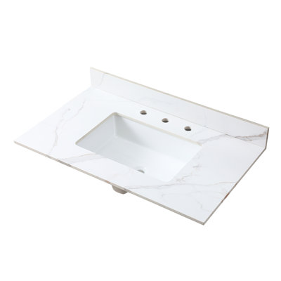 Dessus de meuble-lavabo de 37 po en pierre frittée dorée, lavabo rectangulaire encastré en céramique, 3 trous de robinet, avec dosseret en pierre de 37 po,