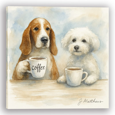 «Morning Mugs» - aquarelle, paire de chiens avec tasses à café, art mural sur toile