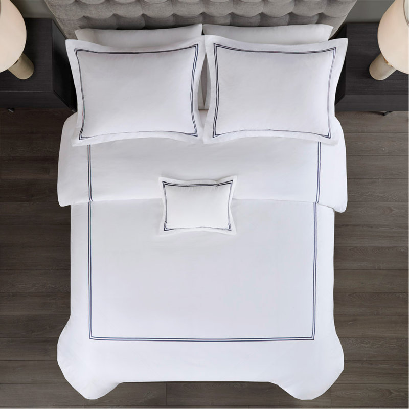 Ensemble d'édredon brodé en satin de coton à densité de tissage 500 fils Luxueux, Blanc / Bleu marine