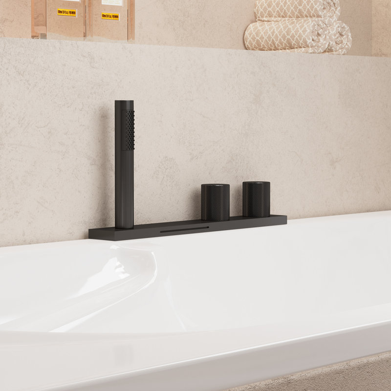 Doux Waterfall Deck-Mount Bathtub Filler Faucet with Diverter and Handheld Shower, Matte Black