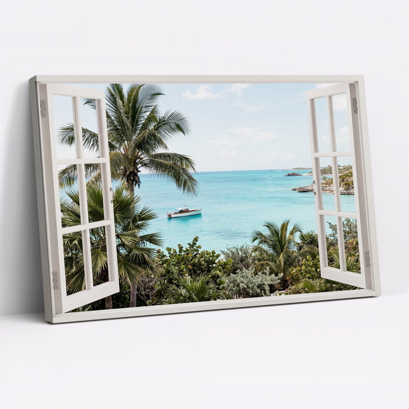 Tableau sur toile avec vue sur l'océan turquoise à travers une fenêtre ouverte, H 18 po x l 24 po