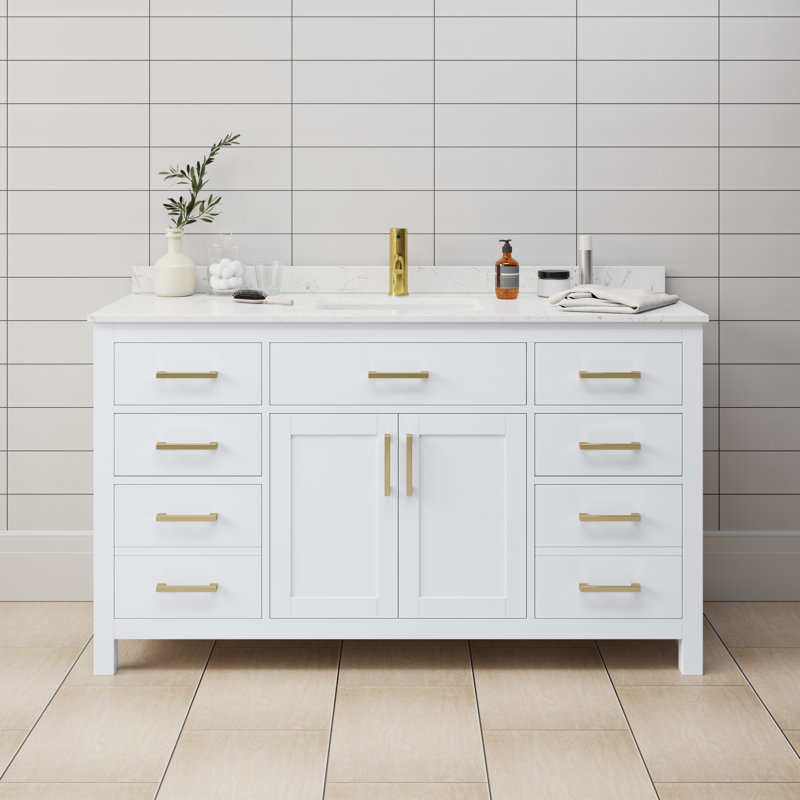 Beckett 60" Single Bathroom Vanity Set, Brushed Gold, Carrara Cultured Marble, White