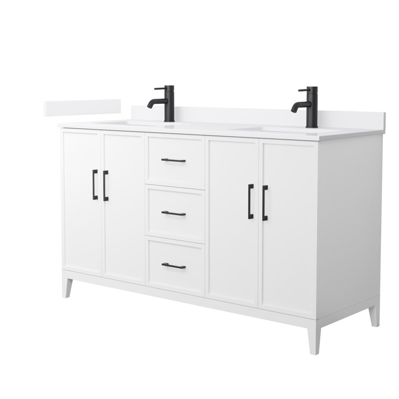 Meuble-lavabo double avec plateau en quartz Elan, Blanc / noir mat, L 72 po, Trou simple