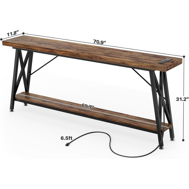 70.9'' Console Table with Charging Station, Rustic Brown