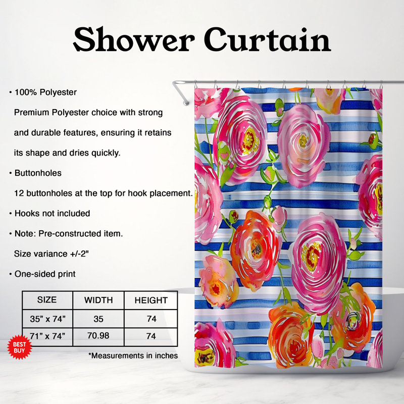 Rideau de douche standard 1 pièce Ranunculus Blooms, H 74 po x l 71 po
