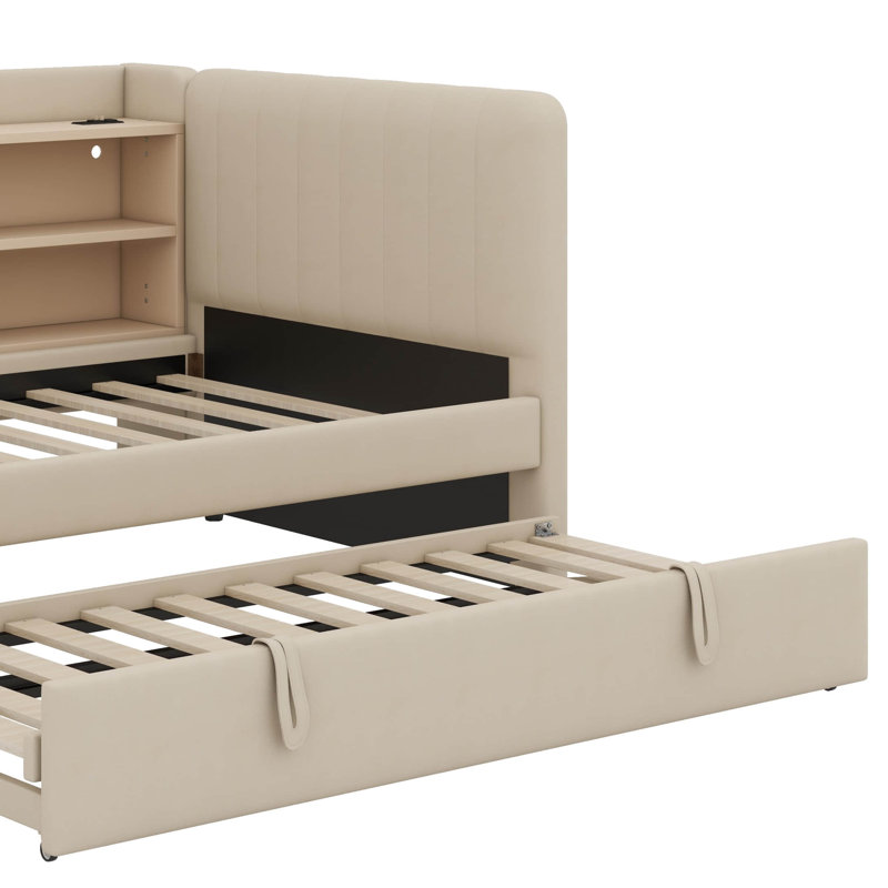 Lit de jour simple rembourré en tissu avec lit gigogne, tablettes de rangement intégrées, charge USB et prises électriques