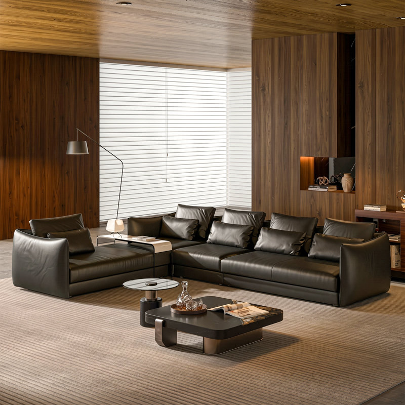 Canapé d'angle en L extra long, de style moderne, en similicuir, avec assise profonde et pieds en acier inoxydable