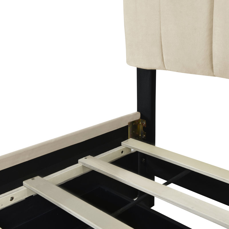 Lit plateforme tapissier avec tiroirs et lit gigogne, Beige
