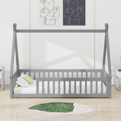 Tent-Shaped Floor Bed, Teepee Bed With Guardrails
