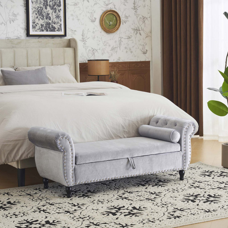 Banc repose-pieds rectangulaire en velours avec rangement et 1 coussin décoratif, Gris