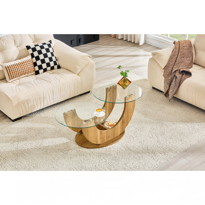 Table basse créative en U à deux niveaux en verre avec base en panneau de fibres à densité moyenne à grain de bois: une table d'appoint de salon moderne et minimaliste à hauteur réglable.