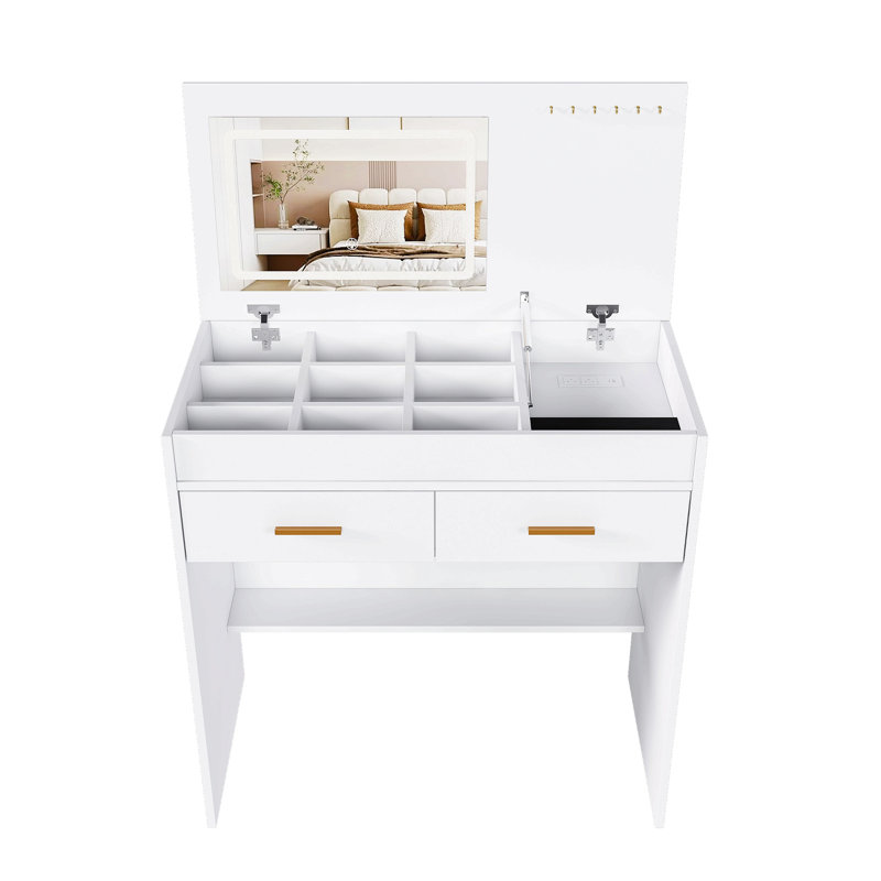 Bureau de meuble-lavabo rabattable avec miroir à DEL et prise de courant intégrée - coiffeuse de maquillage avec 2 tiroirs, rangement ouvert