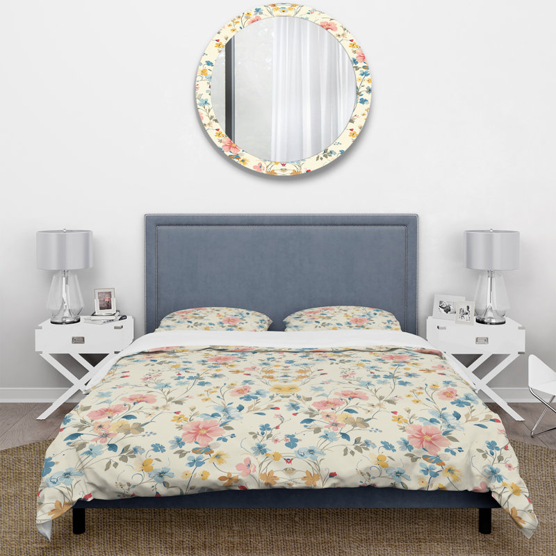 Ensemble de housse de couette rétro rose et bleu rétro Flower III, Housse de couette très grand + 2 très grandes ta