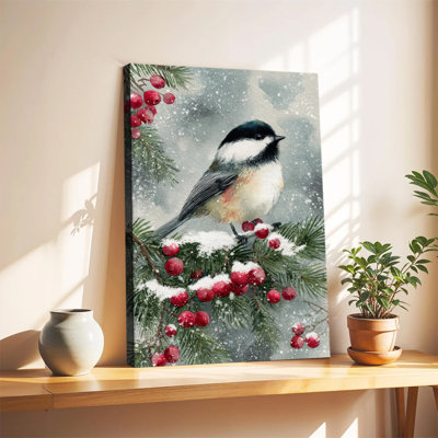 Winter Berry Chickadee Canvas Wall Art Framed Ready to Hang Living Room Bedroom Home Decor