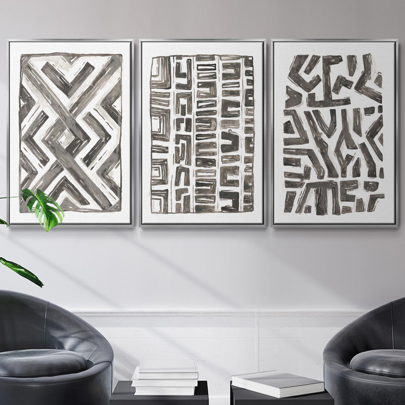 Tribal Geometric I - Ensemble de 3 reproductions encadrées sur toile, Argent, H 27 po x l 54 po