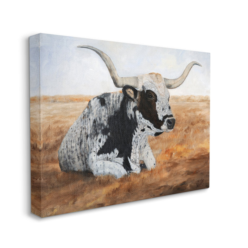 «Longhorn Bétail Prairie» par Kathy Winkler - peinture sur toile tendue, H 24 po x l 30 po x P 1,5 po