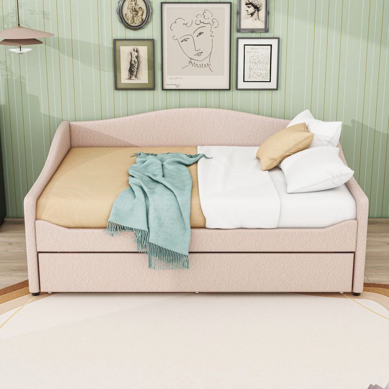 Upholstered Daybed with Twin Trundle and LED, Beige, Full/Double