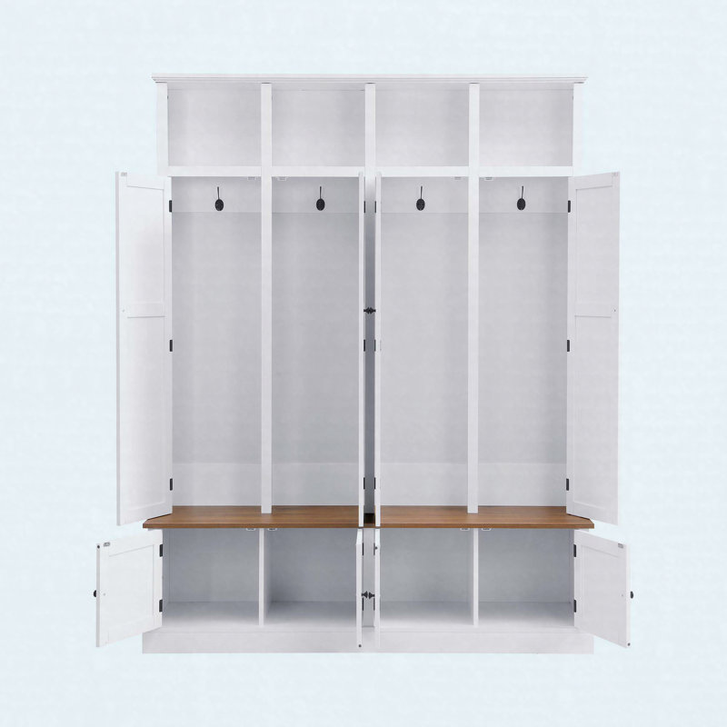 Arbre d'entrée 76,7 po avec banc et armoire, rangement 4 en 1 avec crochets et casiers ouverts, White