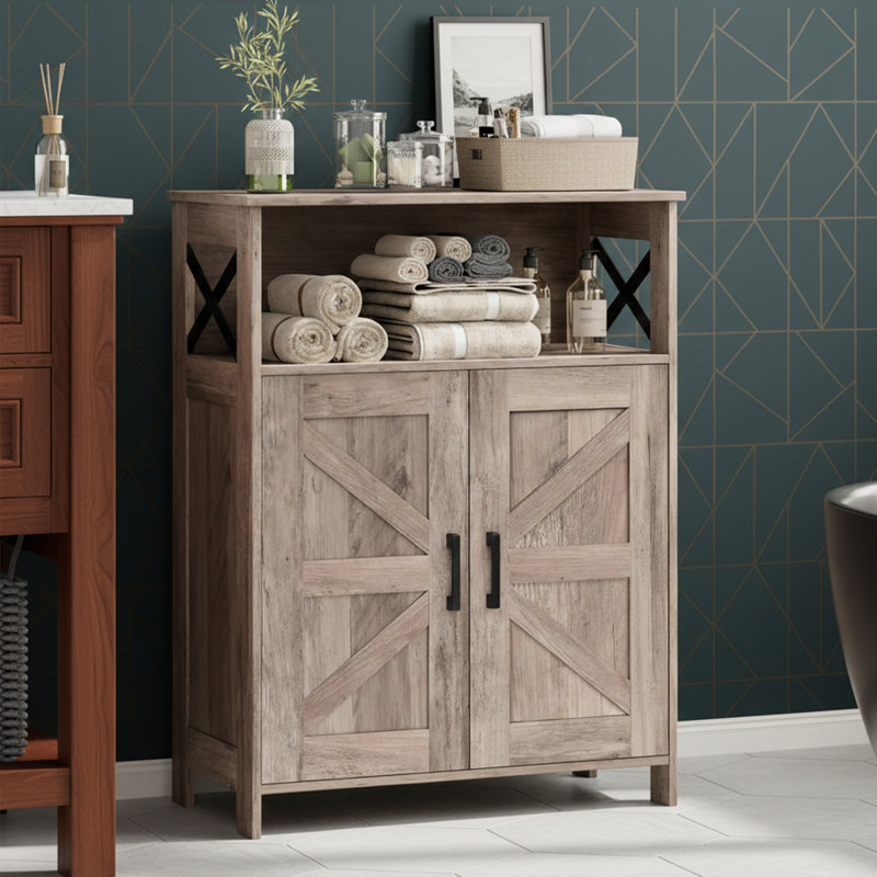 23.6" Wide Farmhouse Bathroom Storage Cabinet With Adjustable Shelves And Barn Doors - White, Gray