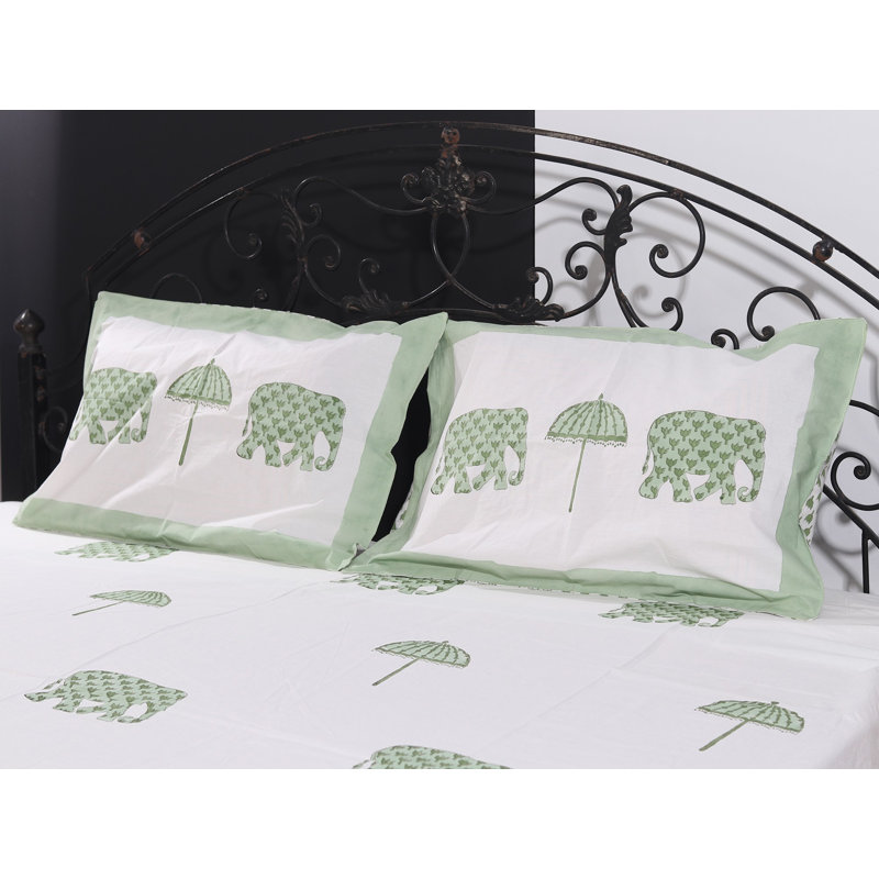Off-White Sage Green Elephant & Parasol Handblock Print 100% Cotton Queen Size Bedsheet Set – Jaipur Artisan Bedding with 2 Pillow Covers