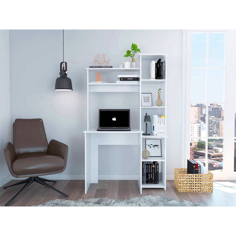 Versalles Writing Desk, Modern Studio or Office Desk, Two Superior Shelves, And Five Side Open Shleves For Books Organization