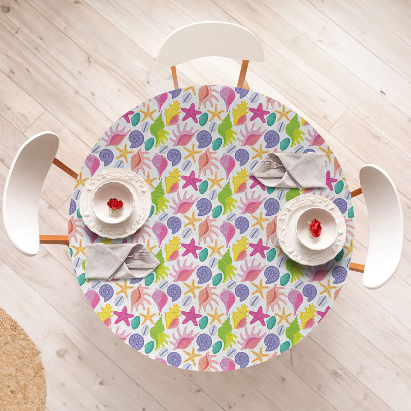Ambesonne Shells Fitted Round Tablecloth White Multicolor, 67.72" Round