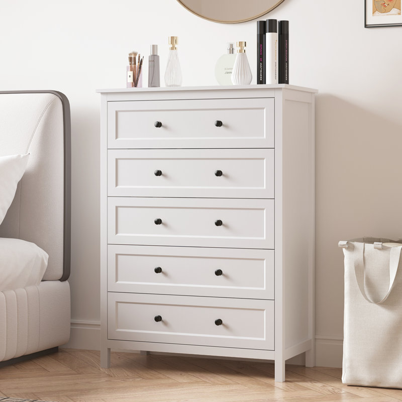 5 Drawer Dresser For Bedroom, 42" Tall Chest Of Drawers With Black Handles, Modern Wooden Bedroom St, White