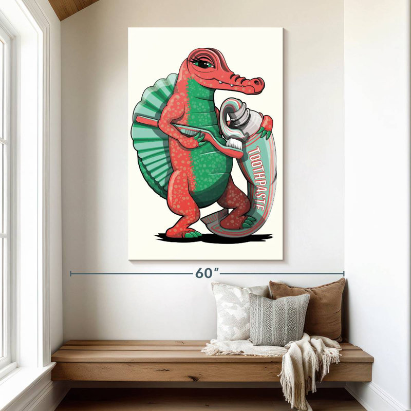 Spinosaurus Brushing Teeth In The Bathroom, 51" H x 34" W