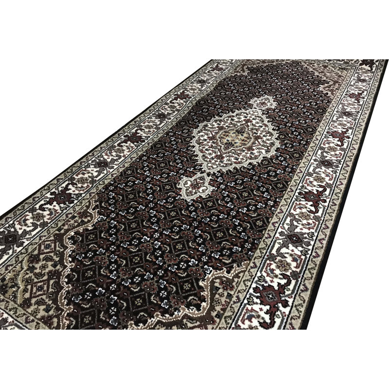 Hand-Knotted High-Quality Black and Cream Runner, Runner 2'7" x 6'