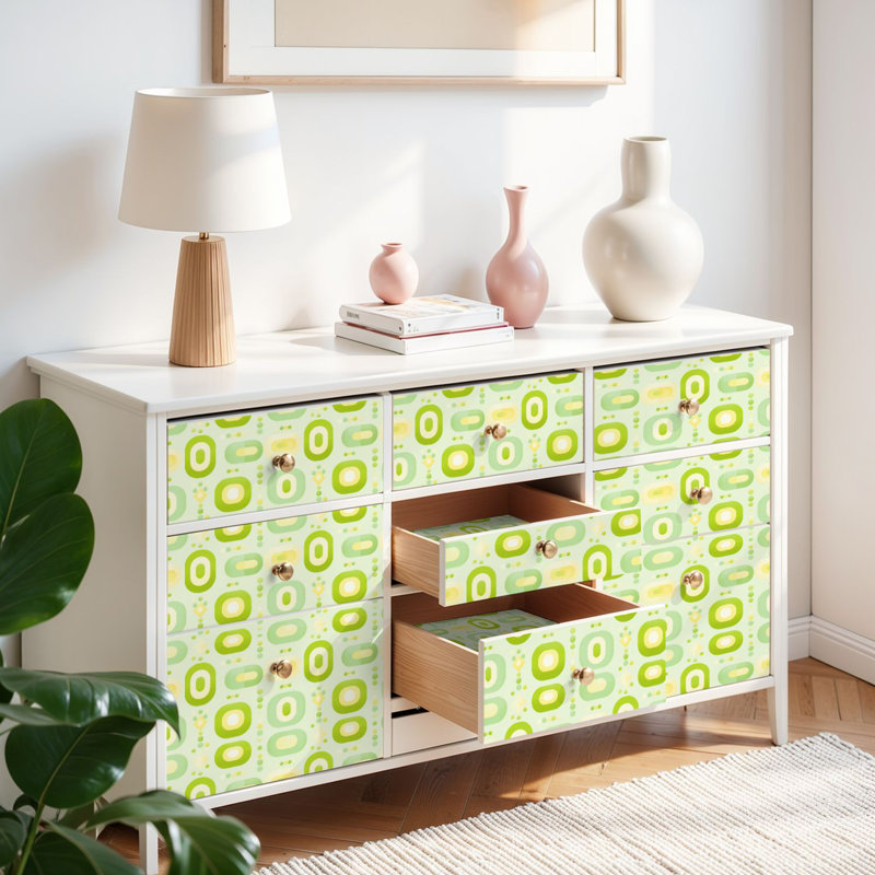 Papier peint autocollant de style Mid-Century vert rétro ovale à courbes douces Symmetry auto-adhésif et amovible 17,7 po x 118 po (45 x 300 cm)