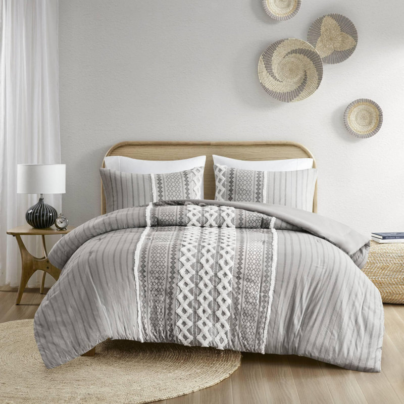 Ensemble d'édredon en coton 3 pièces, Édredon très grand et 2 taies décoratives stand, Gris