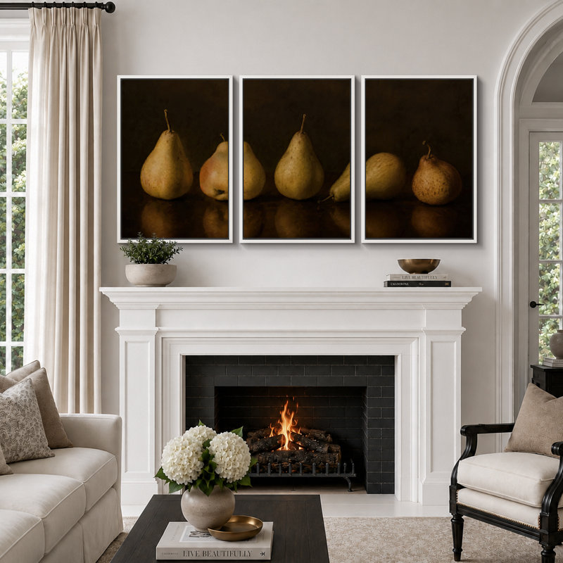 «Moody Pear Still Life», art de cuisine, impression sur toile encadrée, 3 pièces, H 24 po x l 48 po x P 1,5 po, Cadre blanc