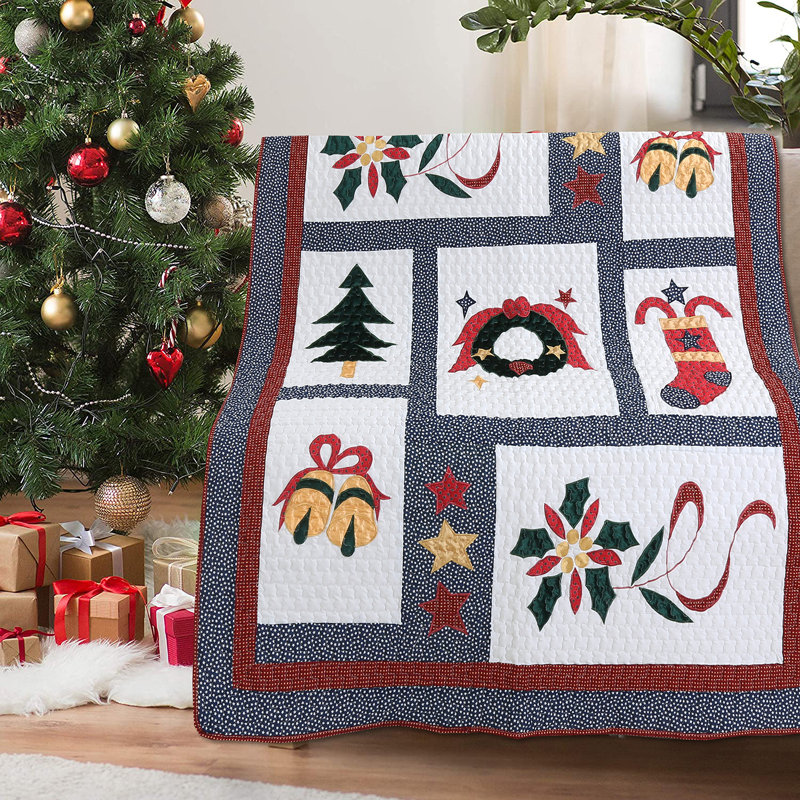 Holiday Patchwork Applique Embroidered Cotton Throw Blanket