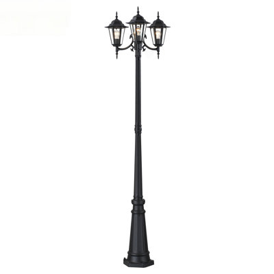 Lanterne sur poteau extérieure à 3 lumières, 83,16 po H, allumage automatique crépusculaire, en alliage d'aluminium et verre noir, douilles E26, pour jardin et allée.